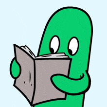 a green cartoon character reading a book with a surprised look on his face