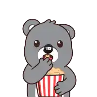 a cartoon of a teddy bear eating popcorn from a striped container