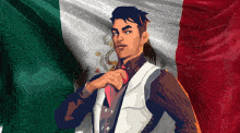 a man in front of a mexican flag adjusts his tie