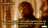 a man with curly hair and a beard is sitting in a chair with a quote from game of thrones .