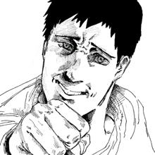 a black and white drawing of a man 's face with his hand on his chin