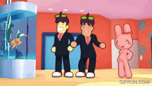 a cartoon of two men and a pink bunny with gifrun.com written on the bottom right