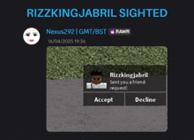 a screenshot of a message from rizzkingjabril that says sent you a friend request