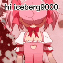 a girl in a pink dress is standing in front of a bloody background and says hi iceberg9000 .
