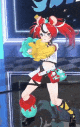 a girl with red hair is holding a stuffed animal in her hand