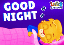 an advertisement for lucas & friends shows a bear sleeping in a bed