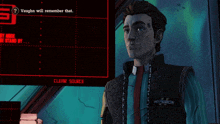 a man in a hyperion vest stands in front of a screen that says " vaughn will remember that "