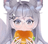 a girl with glasses is eating a hamburger with a cross on her head