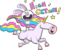 a cartoon rabbit is riding on the back of a unicorn with the words high octane written above it