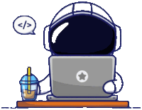 a cartoon illustration of an astronaut using a laptop and drinking a cup of coffee