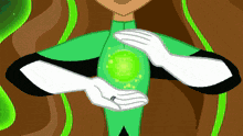 a cartoon character is holding a green object