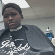 a young boy is getting his hair cut by a barber