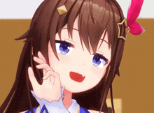 a close up of a brown haired anime girl with a star on her head