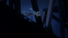 a blue cartoon character is falling off a bridge