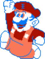 a pixel art of mario wearing a red hat with the letter e on it