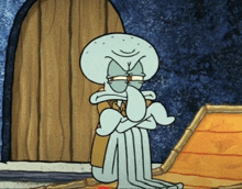 a cartoon of squidward from spongebob squarepants is sitting with his arms crossed
