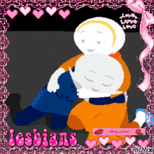 a picture of two cartoon characters hugging each other with the words lesbians in the corner