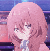 a close up of a girl 's face with a sign in the background that says " x "