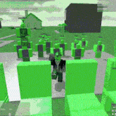 a video game with a lot of green blocks and a house in the background