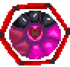 a pixel art of a pink and black flower with a heart in the middle surrounded by a red ring .