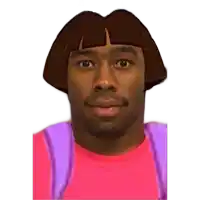 a man wearing a pink shirt and a purple backpack looks like dora from the cartoon dora the explorer