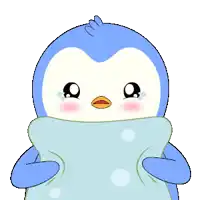 a cartoon penguin is holding a blue pillow