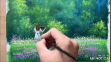a person is painting a girl playing a violin in a field