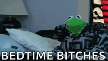 kermit the frog is laying on a bed with the words bedtime bitches behind him