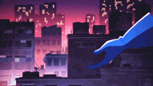 a cartoon drawing of a person holding a sword in front of a city skyline