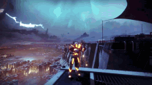 a person in a futuristic suit stands on a balcony overlooking a city at night