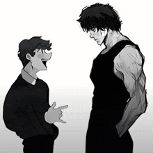 a black and white drawing of a man and a boy
