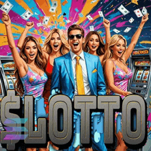 a man in a suit and tie is surrounded by women holding up money and the word lotto