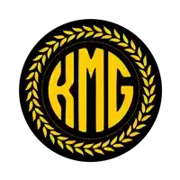 a black circle with the letters kmg in the center