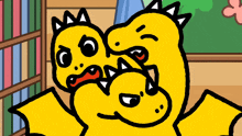 a cartoon drawing of two yellow dinosaurs fighting