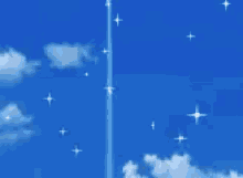 a blue sky with white clouds and a rocket flying through it