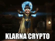 a man in a superhero costume with the words klarna crypto written below him