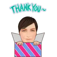 a cartoon of a man peeking out of a gift box with the words thank you above him