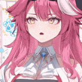 a close up of a girl with pink hair and a necklace