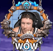 a man wearing headphones is surrounded by chains and a wow sticker