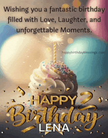 a birthday card for lena with a cupcake and a sparkler
