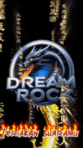 a dream rock logo with a dragon in the middle