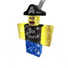 a roblox character is wearing a pirate hat and a shirt that says " got root "
