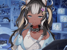 a girl wearing headphones and a choker has a star on her hair