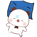 a cartoon panda bear is sleeping with a blue pillow on his head .