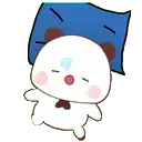 a cartoon panda bear is sleeping with a blue pillow on his head .