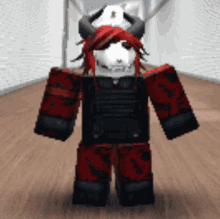 a cartoon character with red hair and horns is in a hallway