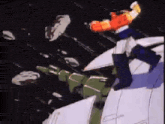 a cartoon character is standing on top of a giant robot in space .