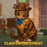 a cat wearing a sheriff 's hat and vest with the words claw enforcement written below it
