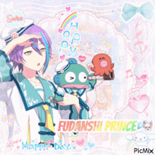 a picture of fudanshi prince holding a stuffed octopus