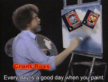 a man is painting on an easel with a caption that says " grant ross "